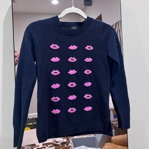 J Crew 100% Cashmere Lips💋 design navy sweater with pink lips size XXS 💋